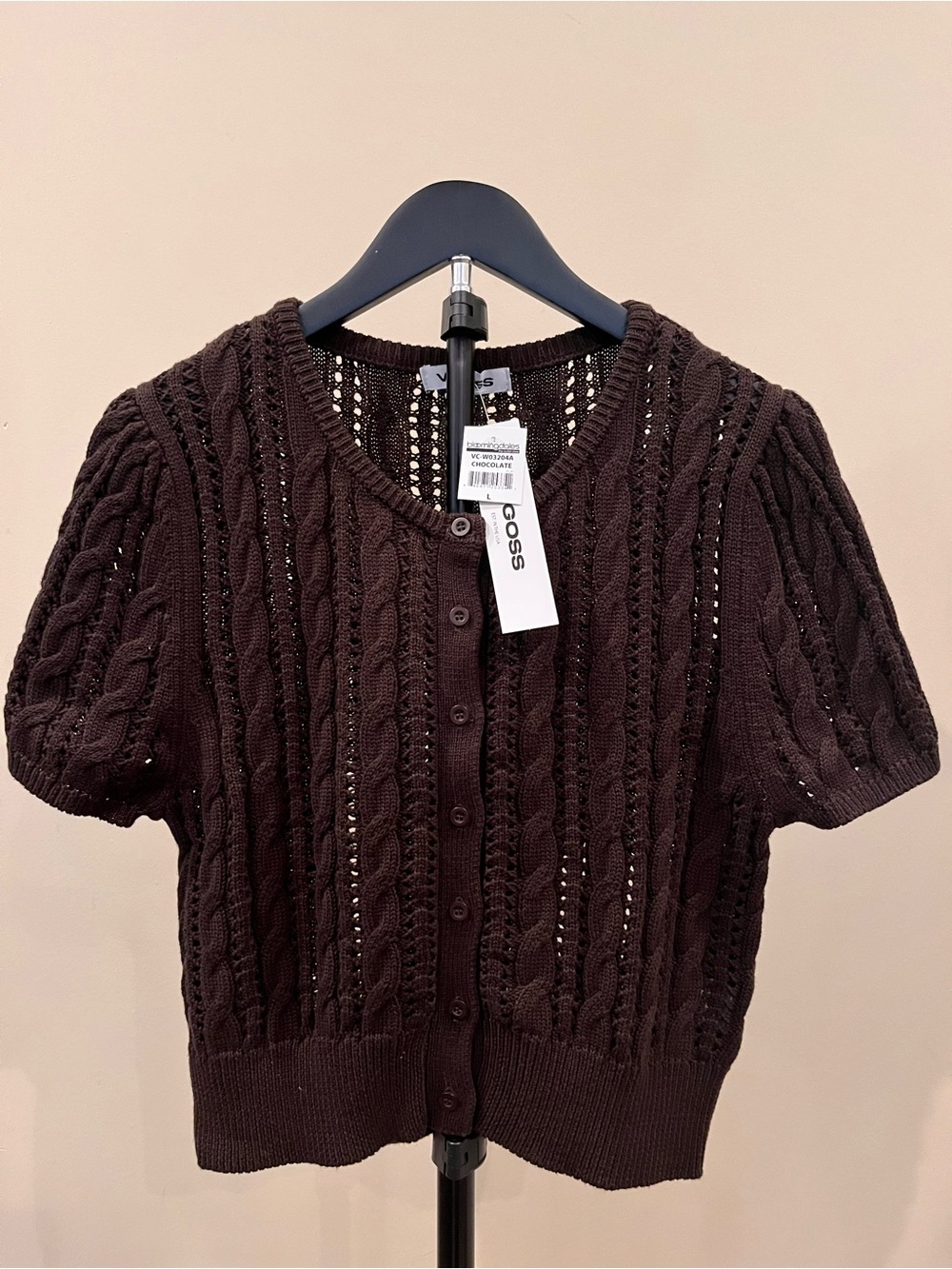 NWT Vigoss Cable Knit Short Sleeve Cardigan Sweater Chocolate Brown L